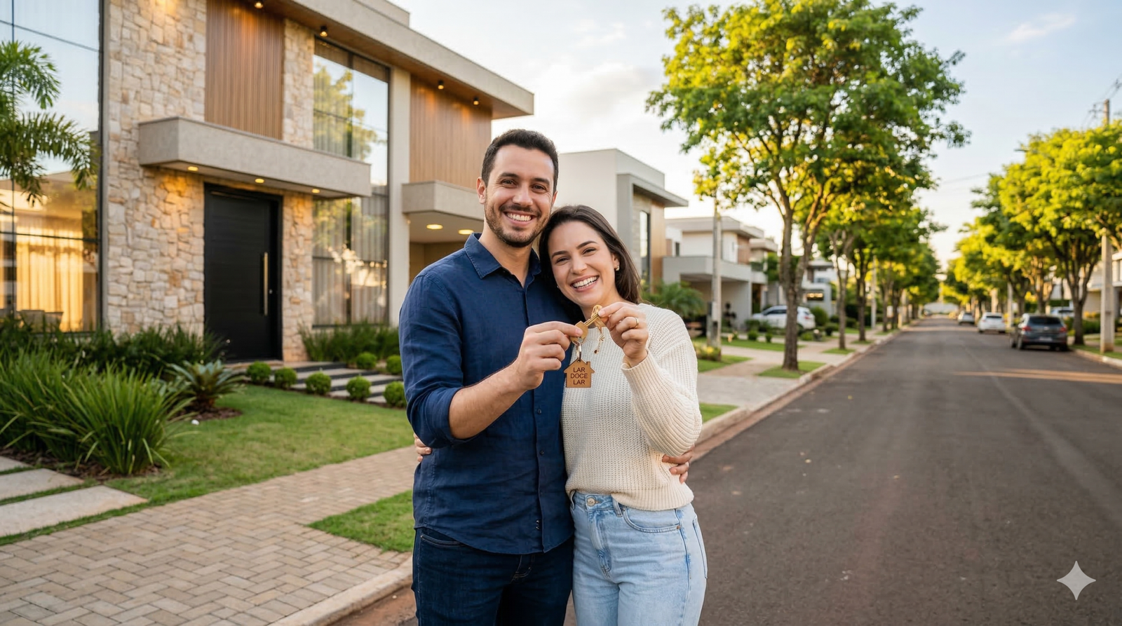 Casal jovem comemorando a compra do primeiro imóvel em Maringá após planejamento financeiro.