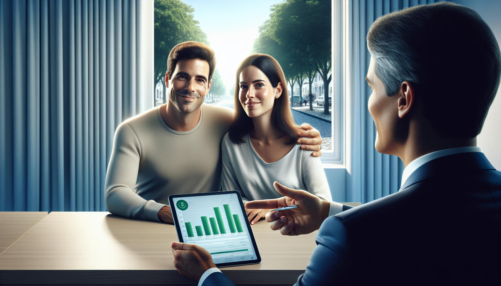 Casal em Maringá recebendo consultoria financeira para escolher entre consórcio ou financiamento.