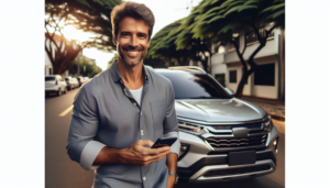 Homem em Maringá comemorando a conquista de um novo carro através do consórcio de veículos da Cota Fácil.