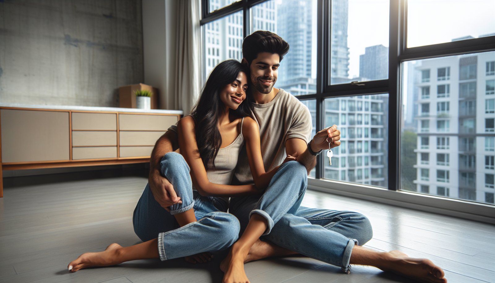 Casal comemorando a aprovação do financiamento imobiliário em Maringá na sala da casa nova.