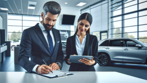 Consultor orientando cliente sobre financiamento de veículo em Maringá