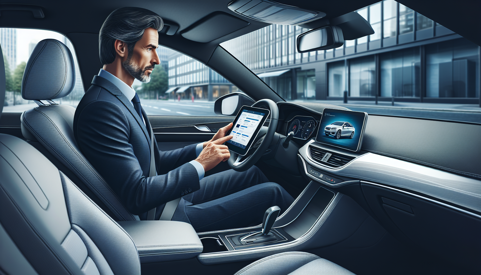 Motorista consultando cotação de seguro auto em Maringá pelo tablet dentro do carro